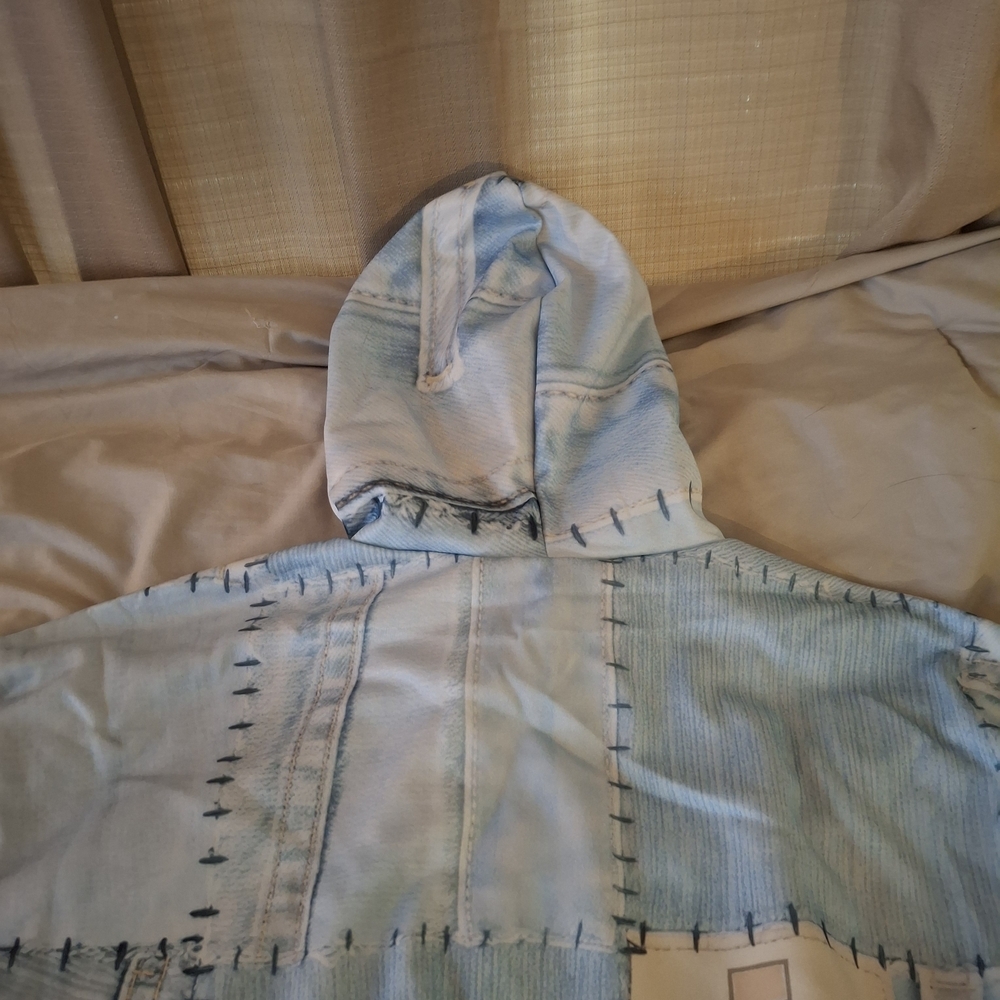Blue Thread Denim Patchwork Women's Hoodie - Picture 9 of 11